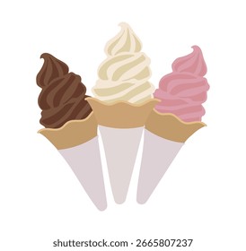 Three types of soft serve ice cream cone illustration