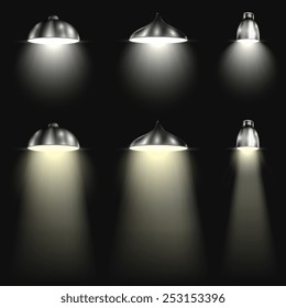 Three Types of Spotlights With Beams. Vector Illustration.
