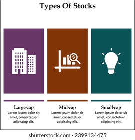 Three types of stocks - Large cap, Mid cap, Small cap. Infographic template with icons