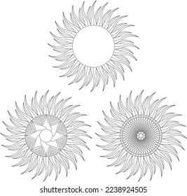 Three types of sun logo and with mandala art