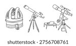 Three types of telescopes are illustrated, featuring a dome observatory, a refractor telescope on a tripod, and a modern telescope with a computer on a table