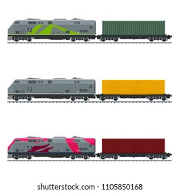 Three Types of Train, Locomotive with Cargo Container on Railroad Platform , Railway and Container Transport, Vector Illustration