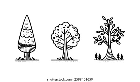 Three Types of Trees in Minimalist Black and White Illustration