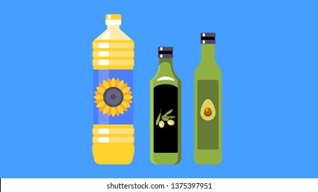 Three types of vegetable oil for cooking: sunflower, olive and avocado oil. Three different bottles. Vector illustration.