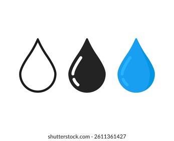 three types of water drop in different style. simple flat outline trend modern abstract droplet logotype graphic design element isolated on white. concept of raindrop, teardrop or waterdrop pictogram