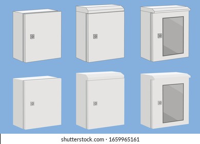 Three types of white compact control enclosure box for electrical equipment wiring and installation is modeled in 3d minimal shaded infographics with both line and without line model