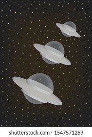 Three UFO alien extraterrestrial spaceships flying in a row through the space universe. Flying saucers hovering in the night sky.