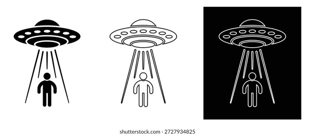 Three UFO icons with human figures being abducted in different styles and colors on white and black backgrounds alien