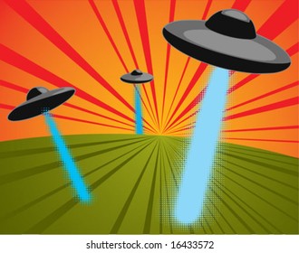 Three UFOs shooting light beams in the countryside. Cartoonist.