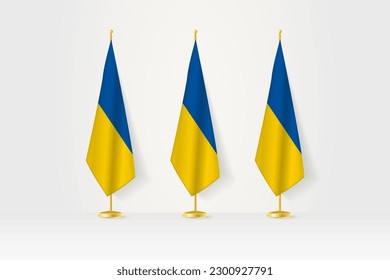 Three Ukraine flags in a row on a golden stand, illustration of press conference and other meetings. Vector illustration.