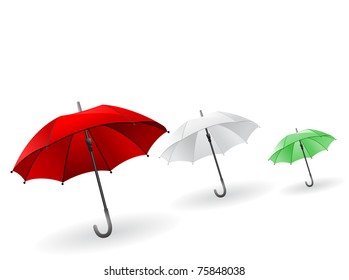 Three umbrella red, white, green cast shadows and placed on a white background