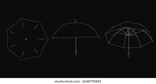 Três guarda-chuvas dispostos em uma formação triangular sobre um fundo preto, criando um contraste impressionante. O maior guarda-chuva fica no centro, flanqueado por dois menores, enfatizando a simetria.