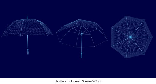 Three umbrellas are shown in different positions, with one being upside down. The umbrellas are blue and appear to be in a digital format. Scene is somewhat whimsical and playful