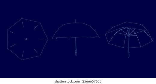 Three umbrellas are shown in different positions. The umbrellas are all blue and are drawn in a stylized way. Scene is somewhat whimsical and playful