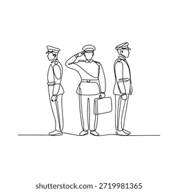 Three uniformed men in a continuous line drawing one saluting