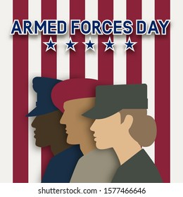 Three uniformed soldiers on striped background. Armed forces day card