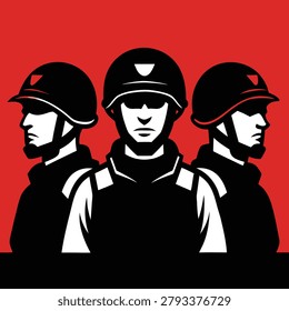 Three uniformed soldiers, resolute and strong. Minimalist vector art, black and white graphic with red backdrop. Symbol of power, protection, and military might.