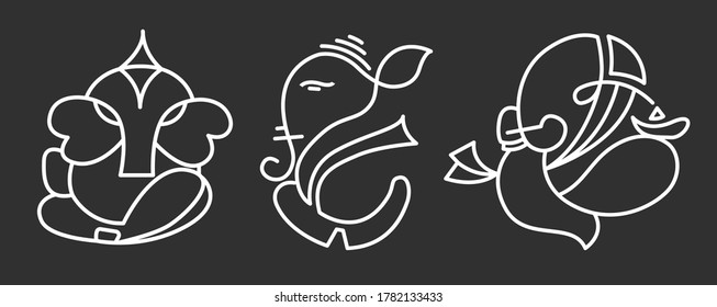 three unique and abstract shapes of lord Ganesha, line art isolated on dark gray background