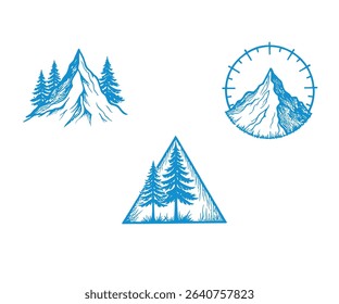 Three unique blue illustrations of mountains and pine trees, perfect for logos or design elements.