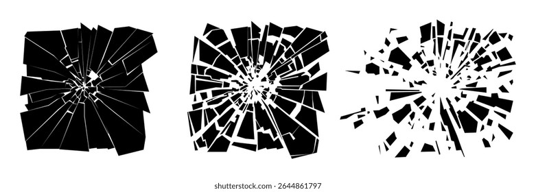 Three unique broken glass textures showcase a range of jagged edges and fragmented shapes against a white background, creating an intriguing visual effect.