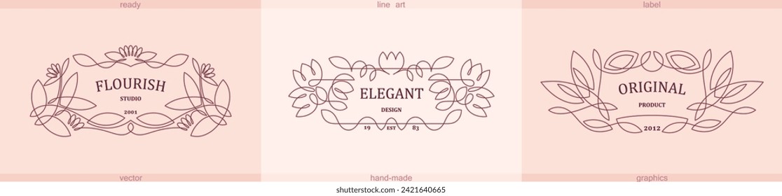 Three unique emblems with floral decoration in vintage Victorian style. Elegant floral frame in line art style. Vector template