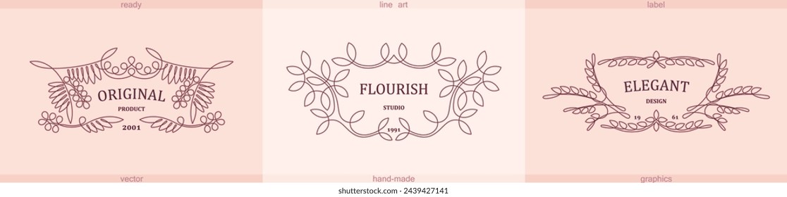 Three unique emblems with floral decoration in vintage Victorian style. Elegant floral frame in line art style. Vector template