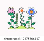 Three unique flowers in pink, white, and blue with green leaves and grass. Hand drawn outline cartoon style, perfect for spring, nature, botanical decoration vector illustration