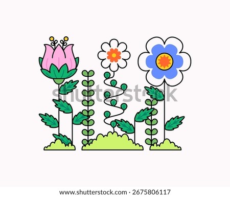 Three unique flowers in pink, white, and blue with green leaves and grass. Hand drawn outline cartoon style, perfect for spring, nature, botanical decoration vector illustration