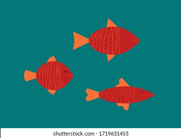 Three unique goldfishes on ocean blue background. Minimalism postcard. 