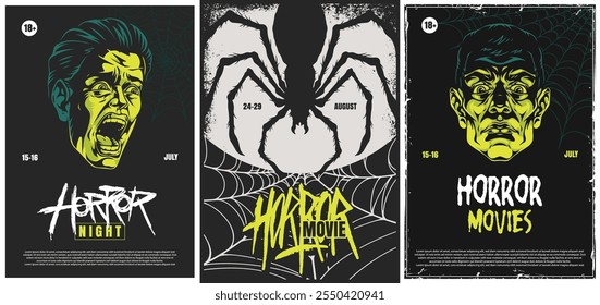 Três cartazes únicos de filmes de terror exibem desenhos arrepiantes. O cartaz esquerdo apresenta uma face gritando no centro contém uma aranha e a direita mostra uma face assustadora.