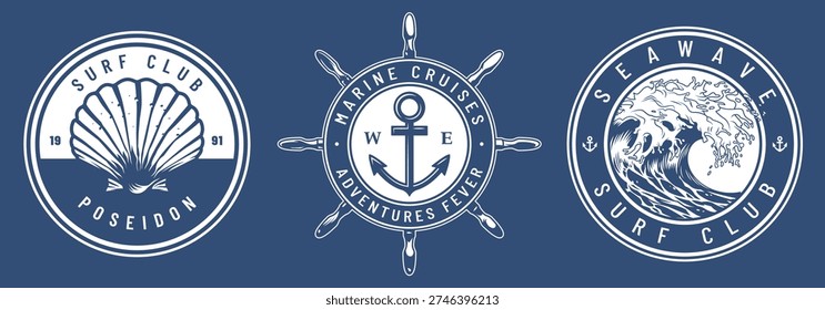 Three unique logos for different nautical clubs are displayed on a blue background. Each logo shows symbols related to the sea like shells anchors and waves.
