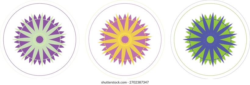 Three unique mandala-style icons featuring floral and geometric designs with simple shapes in colorful arrangements, set against clean white backgrounds.