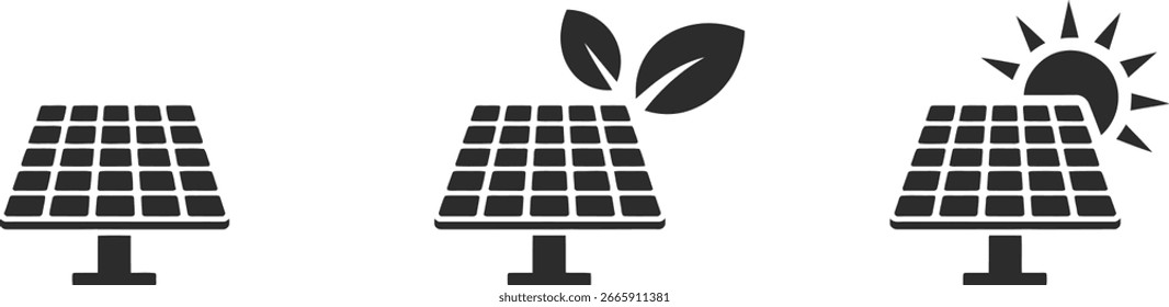 Three unique solar panels icons with leaf and sun variations on transparent background. Modern vector illustration, showcasing renewable energy.