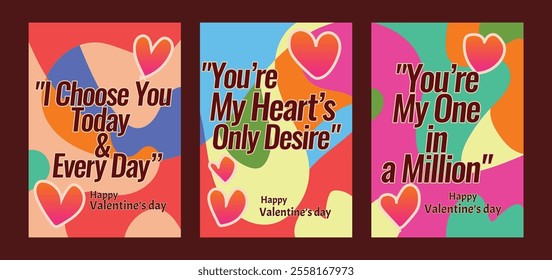 Three Unique Valentine Templates with Elegant Pastel Tones. A set of Valentine’s Day greeting card with sample text, red hearts and abstract backgrounds templates vector illustration. 