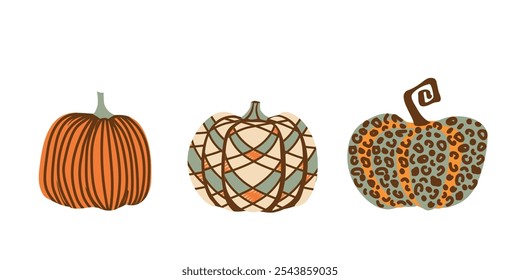Three uniquely patterned pumpkins with stripes, spots, checkered pattern, and waves, great for fall-themed stickers, seasonal invites, or designs.