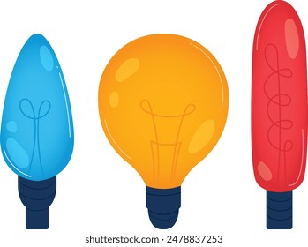 Three uniquely shaped light bulbs, different colors, outlined digital graphic style. Blue bulb elongated left, orange circular center, red oblong right. Bright colors background. Art isolated