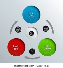 Three unit business diagram template with different colors arranged one behind the other by means of arrow vector illustration