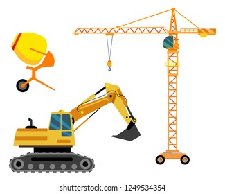 Three units of vector construction equipment - crane, excavator, mobile concrete mixer