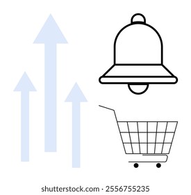 Three upward arrows in blue alongside a black notification bell and a shopping cart. Ideal for business, e-commerce, notifications, growth, marketing. Simple, minimalist design