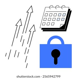 Three upward arrows a calendar and a blue lock symbol. Ideal for productivity and growth, scheduling and planning, security and safety, business and strategy, time management and efficiency. Simple