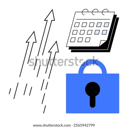 Three upward arrows a calendar and a blue lock symbol. Ideal for productivity and growth, scheduling and planning, security and safety, business and strategy, time management and efficiency. Simple