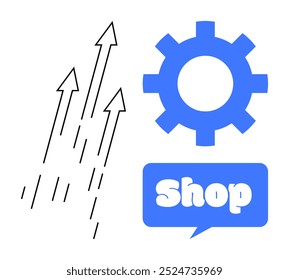 Three upward arrows, a gear symbol, and a speech bubble with the word Shop inside. Ideal for business growth, e-commerce, productivity, innovation, technology. Modern, flat design