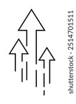 Three upward arrows in a simple line drawing representing growth, progress, development, or achievement. Relevant for business, success, technology, and innovation themes. Great for vector