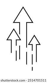 Three upward arrows in a simple line drawing representing growth, progress, development, or achievement. Relevant for business, success, technology, and innovation themes. Great for vector