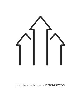 Three Upward Arrows Symbolizing Simultaneous Growth, Clean Outline Icon Showing Multiple Ascent Paths, Scalability And Momentum Visual For Strategy And Performance, Minimalist Monochrome