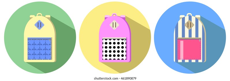 Three urban backpacks, school student or hipster style, flat vector illustration. Set of modern schoolbags or cabin baggage bags. Back to school vector illustration or banner template