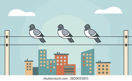 Three urban pigeons sitting together on an electrical wire high above a colorful city skyline under a soft blue sky.