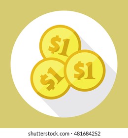 Three US dollar golden coins. Flat vector icon. American currency symbol. Stylized eps8 illustration.