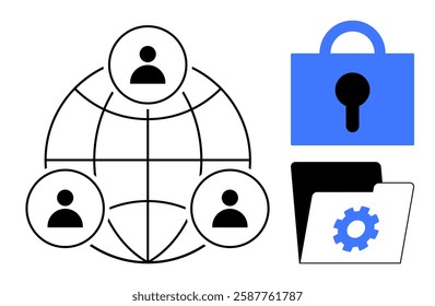 Three user icons connected globally, a blue lock symbolizing security, and a folder with a gear for settings. Ideal for cybersecurity, networking, data protection, user access, and online safety