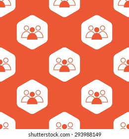 Three user icons, one painted, in white hexagon, repeated on orange background